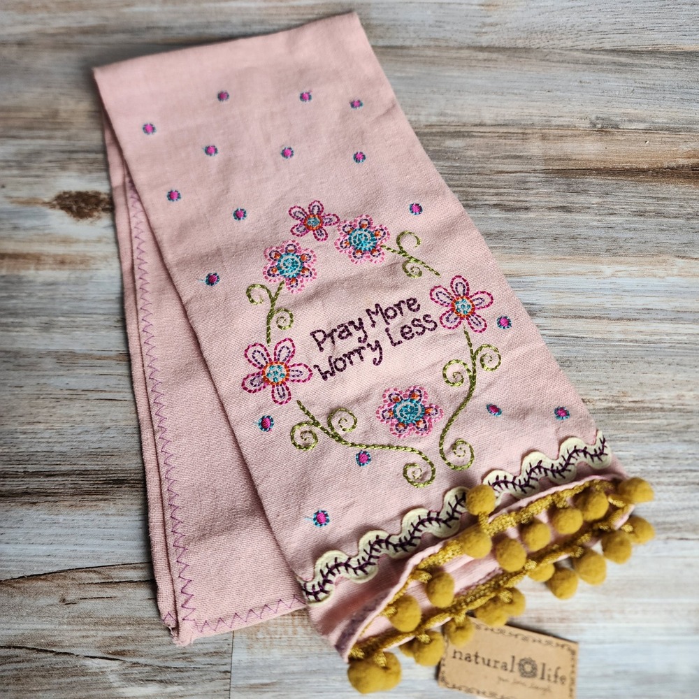 Natural Life Pray More Worry Less Pink Embroidered Pom Pom Hand Towel NWT